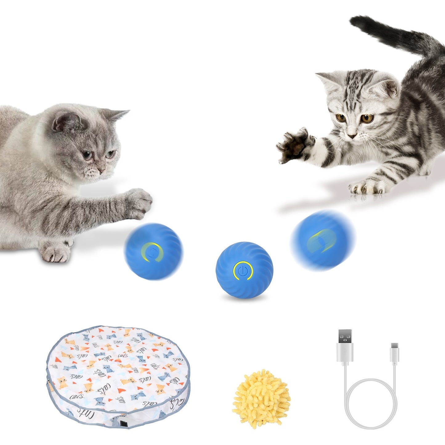 Rechargeable Interactive Cat Toy Ball – Motion Activated Rolling Ball with Cloth Pouch, Hide & Seek Hunting Game for Indoor Cats