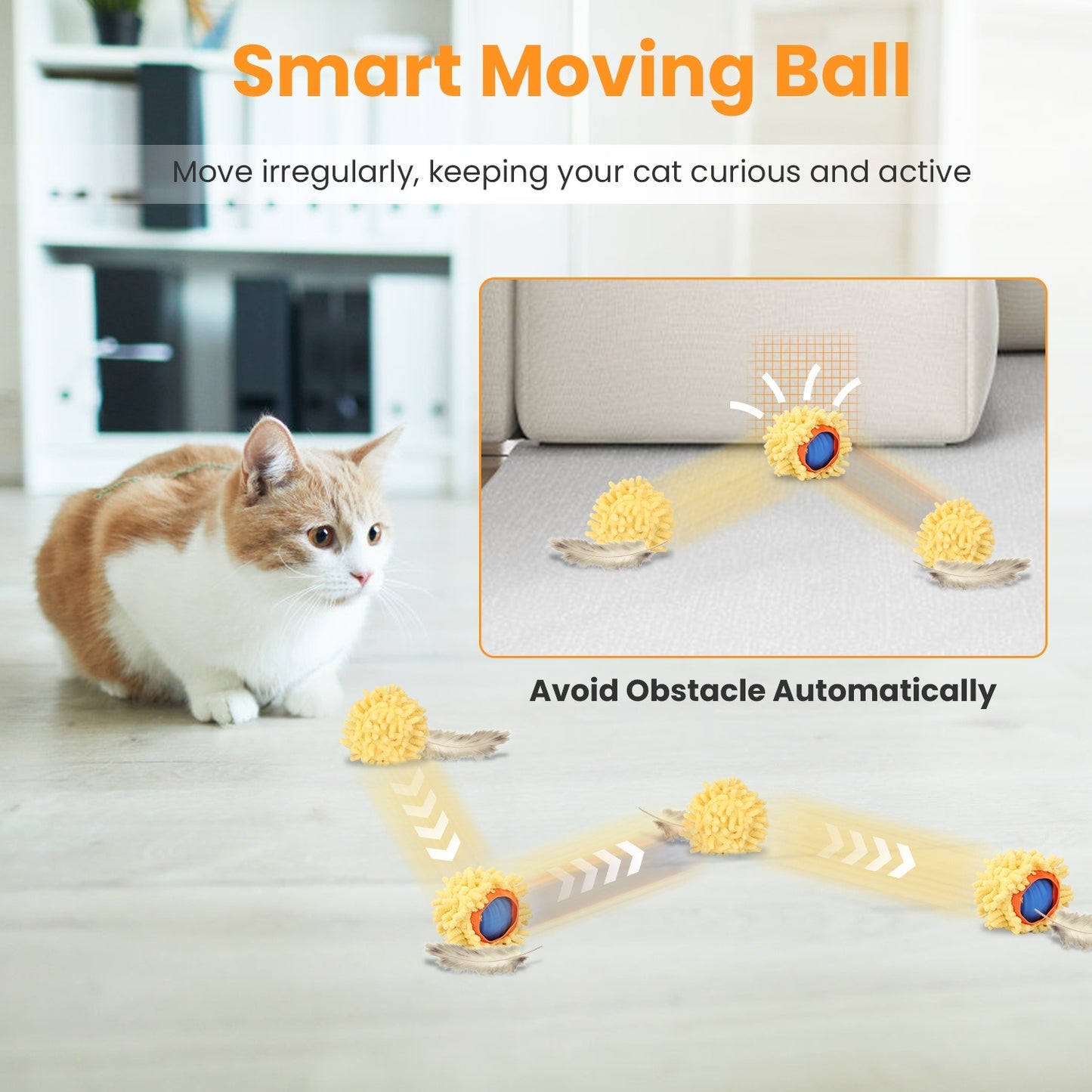 Rechargeable Interactive Cat Toy Ball – Motion Activated Rolling Ball with Cloth Pouch, Hide & Seek Hunting Game for Indoor Cats