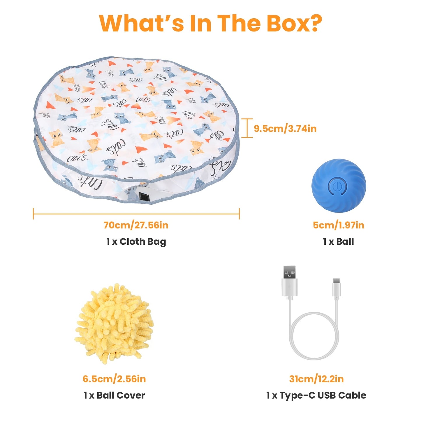Rechargeable Interactive Cat Toy Ball – Motion Activated Rolling Ball with Cloth Pouch, Hide & Seek Hunting Game for Indoor Cats